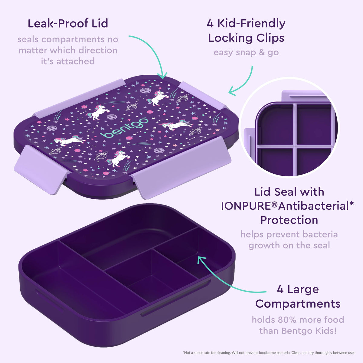 Bentgo® Kids Snap & Go Lunch Box (2-Pack) | Unicorn - Our Lunch Box Features A Leak-Proof Lid, Kid-Friendly Locking Clips, Lid Seal with IONPURE Antibacterial Protection, and 4 Large Compartments