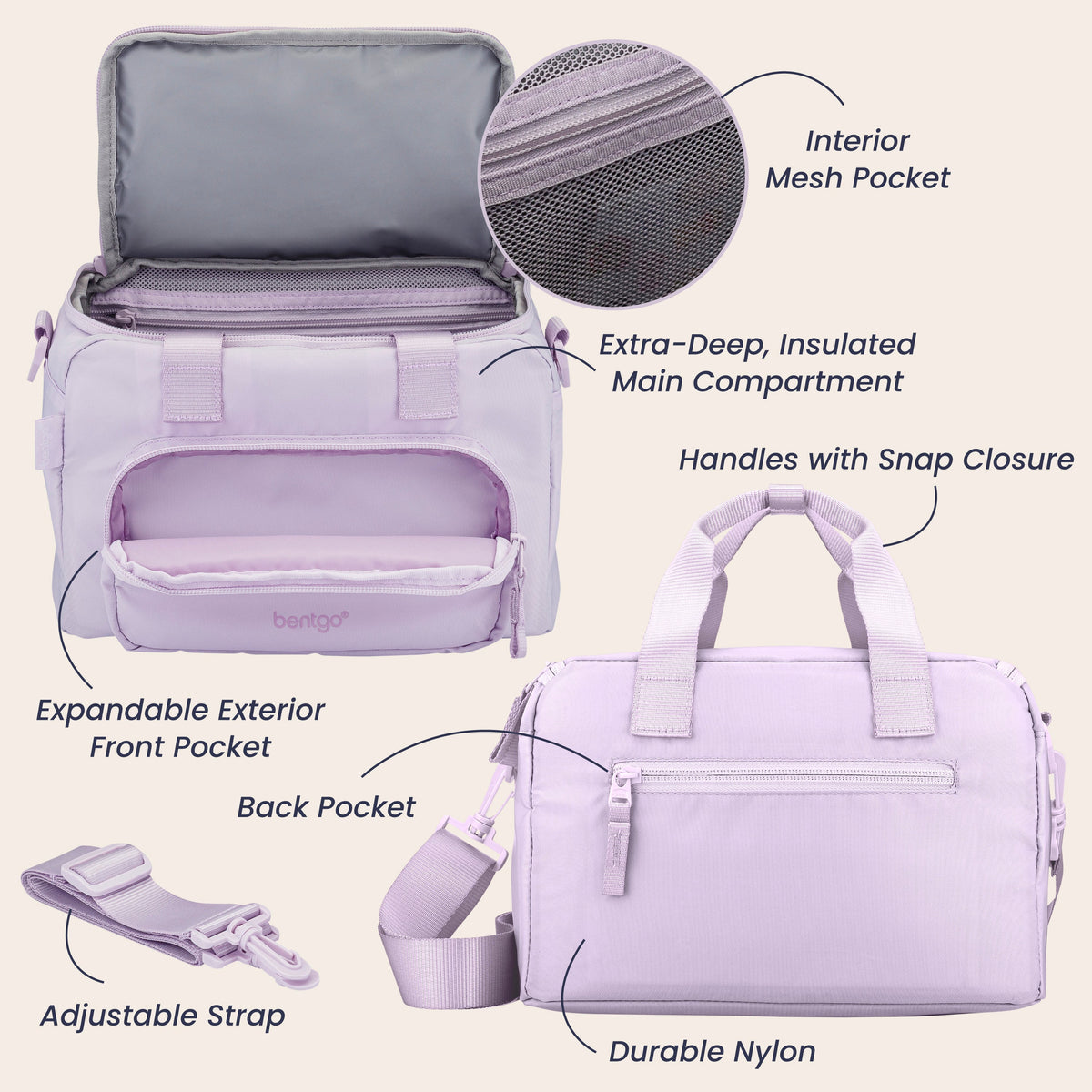 Bentgo® Insulated Lunch Bag - Lavender | Interior Mesh Pocket, Extra-Deep, Insulated Main Compartment, Expandable Exterior Front Pocket, Handles With Snap Closure, Durable Nylon, Back Pocket, And Adjustable Strap