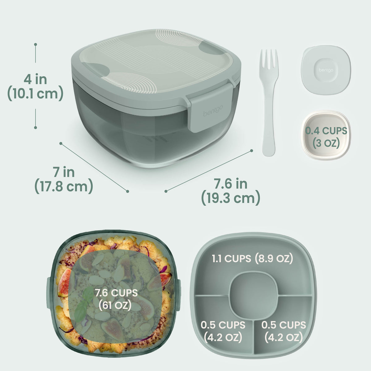 Bentgo® Glass Prints All-in-One Salad Container - Mod Curve - Serene Green | Salad Container Dimensions