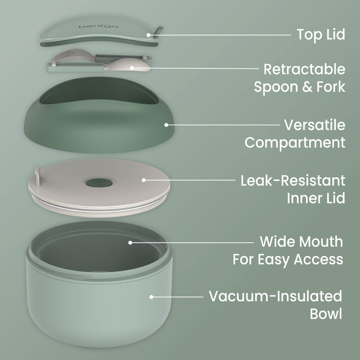 Bentgo® Bowl (2-Pack) - Khaki Green | Top Lid, Retractable Spoon & Fork, Versatile Compartment, Wide Mouth For Easy Access, Leak-Resistant Inner Lid, And Vacuum-Insulated Bowl