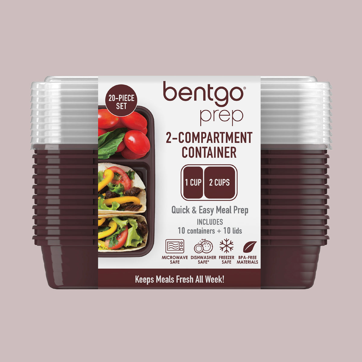 Bentgo® Prep 2-Compartment Meal Prep Containers (20-Piece) - Burgundy | Packaging