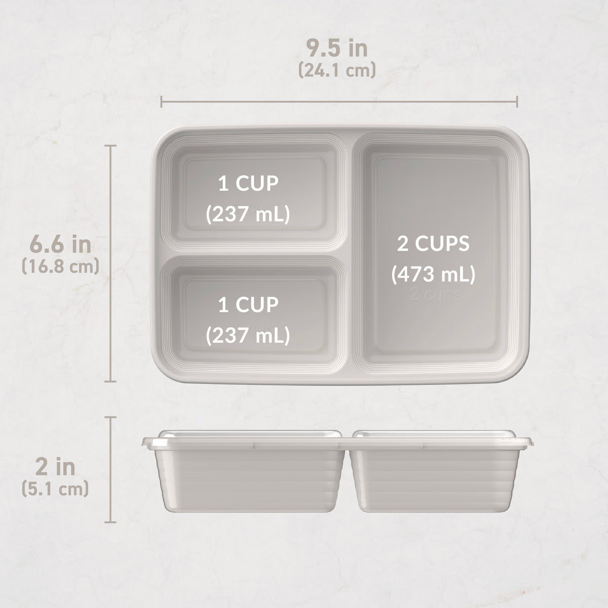 Bentgo® Prep 3-Compartment Meal Prep Containers (20-Piece) - Stone Grey | Dimensions