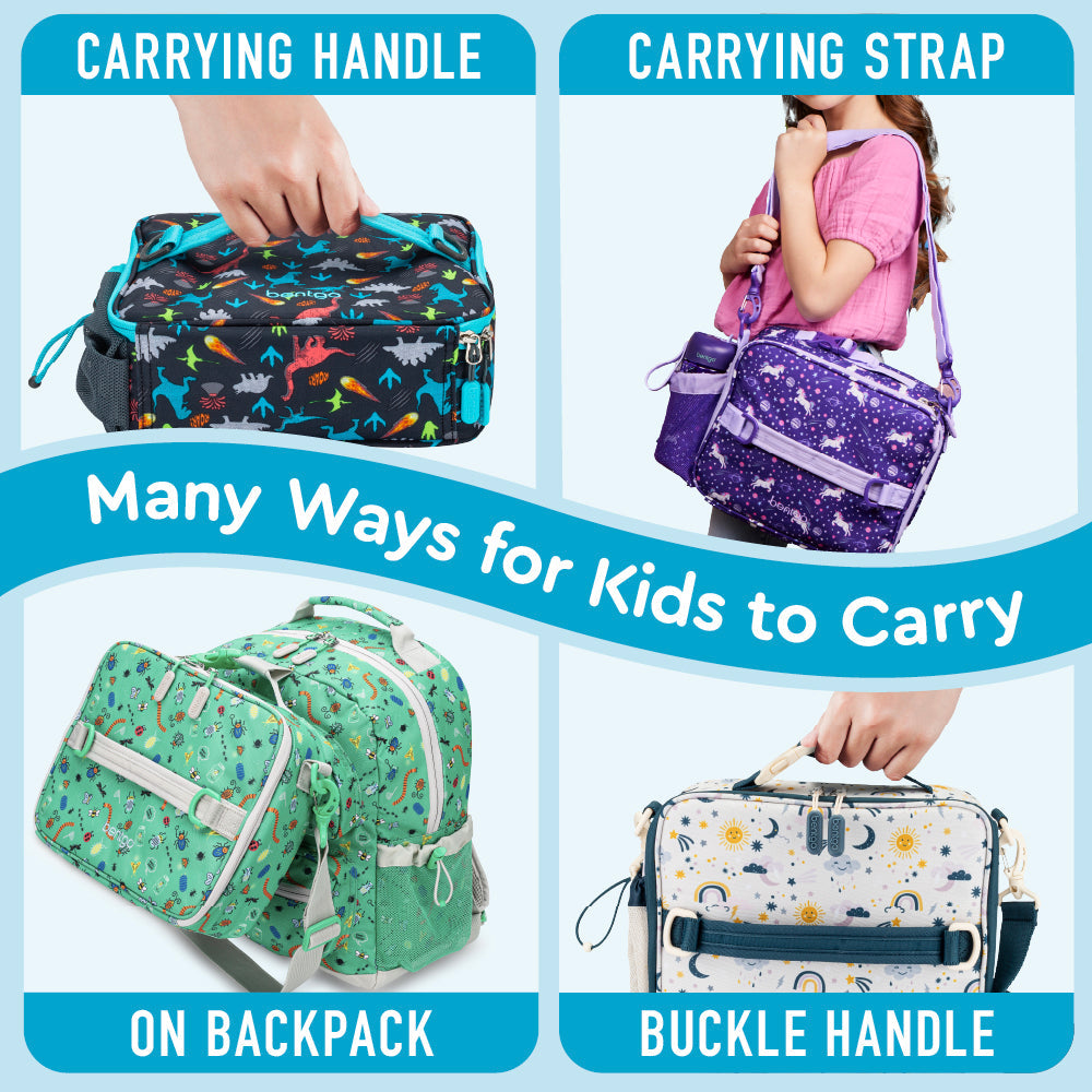 Bentgo® Kids Prints Lunch Bag - Dinosaur | Many Ways For Kids To Carry - Carrying Handle, Carrying Strap, On Backpack, And Buckle Handle