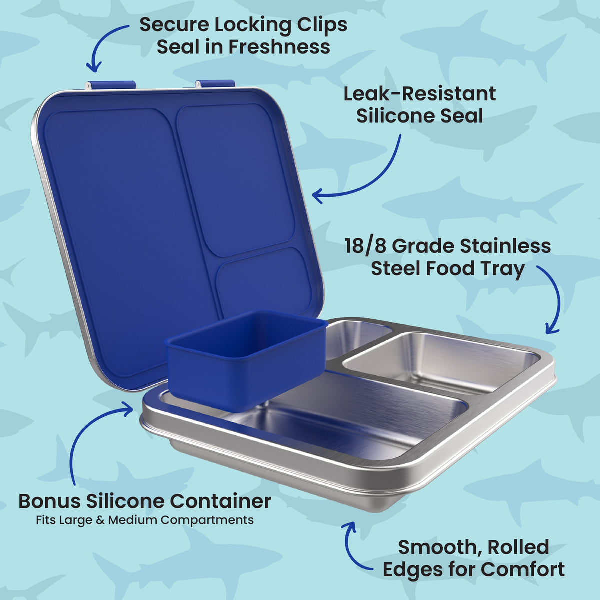 Bentgo® Kids Stainless Steel Prints Lunch Box - Sharks | Secure Locking Clips - Seals In Freshness, Leak-Resistant Silicone Seal, 18/8 Grade Stainless Steel Food Tray, Smooth Rolled Edges For Comfort, Bonus Silicone Container - Fits Large & Medium Compartments